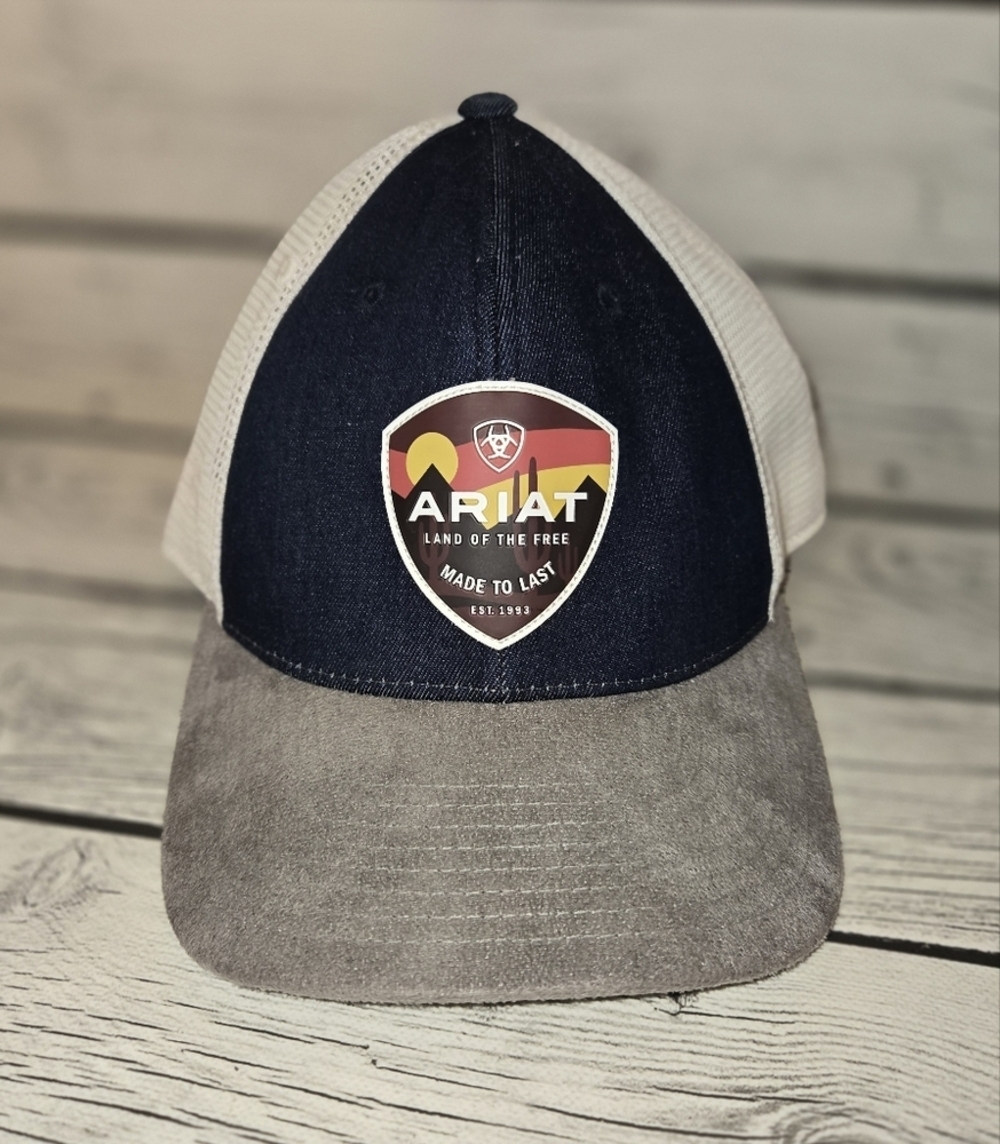 ARIAT Mens Rubber Sunset Shield Patch Adjustable Snapback Baseball Cap, Denim